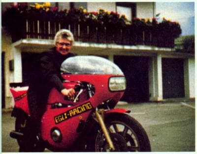 Just for fun, Carol posed for a photo on an Austrian cafe racer's custom Egli-Kawasaki